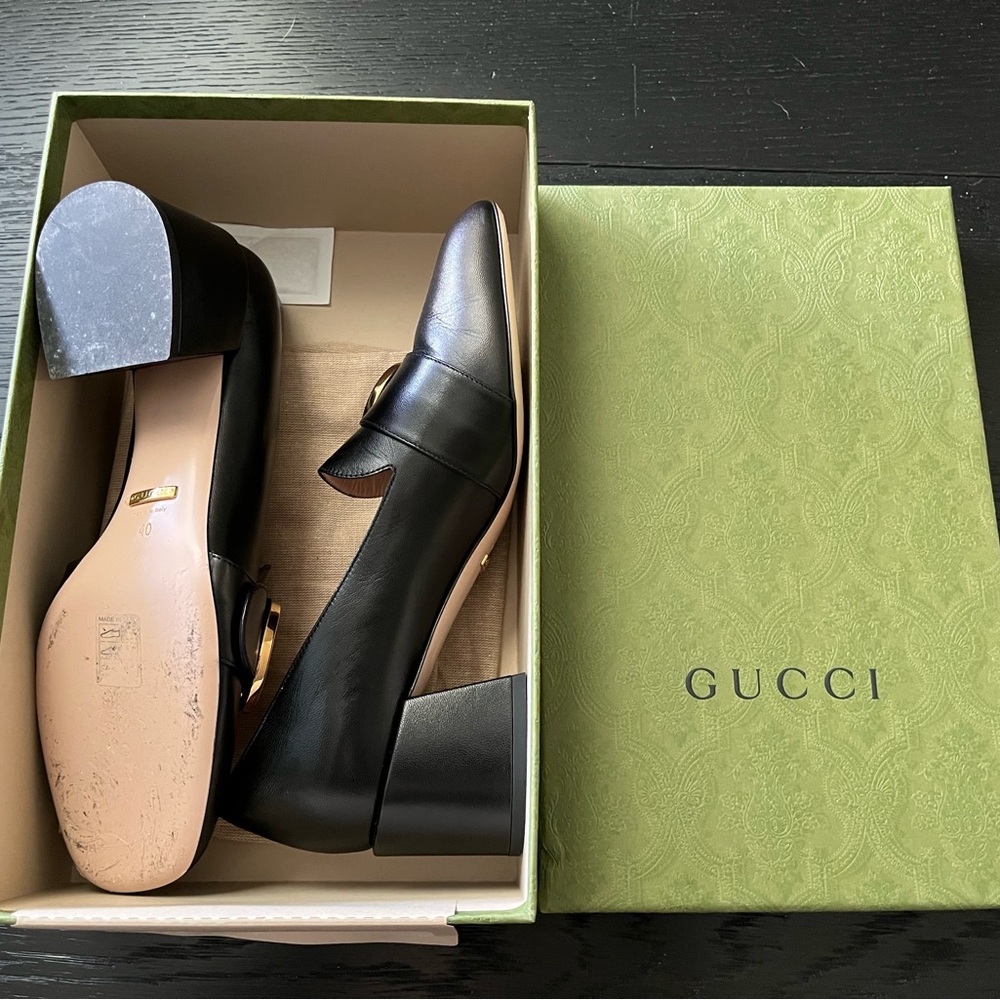 Gucci Woman Leather Malaga Kid Loafer Pump aka the Blonde Mid Heel Pumps - Picture 8 of 14